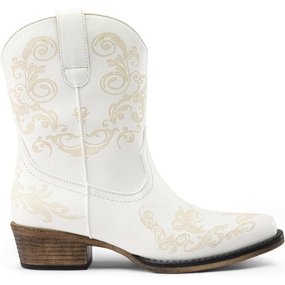 🆕White Women's Cowboy Cowgirl Western Ankle Boots Faux Leather Chunky Low Heels - Picture 2 of 7